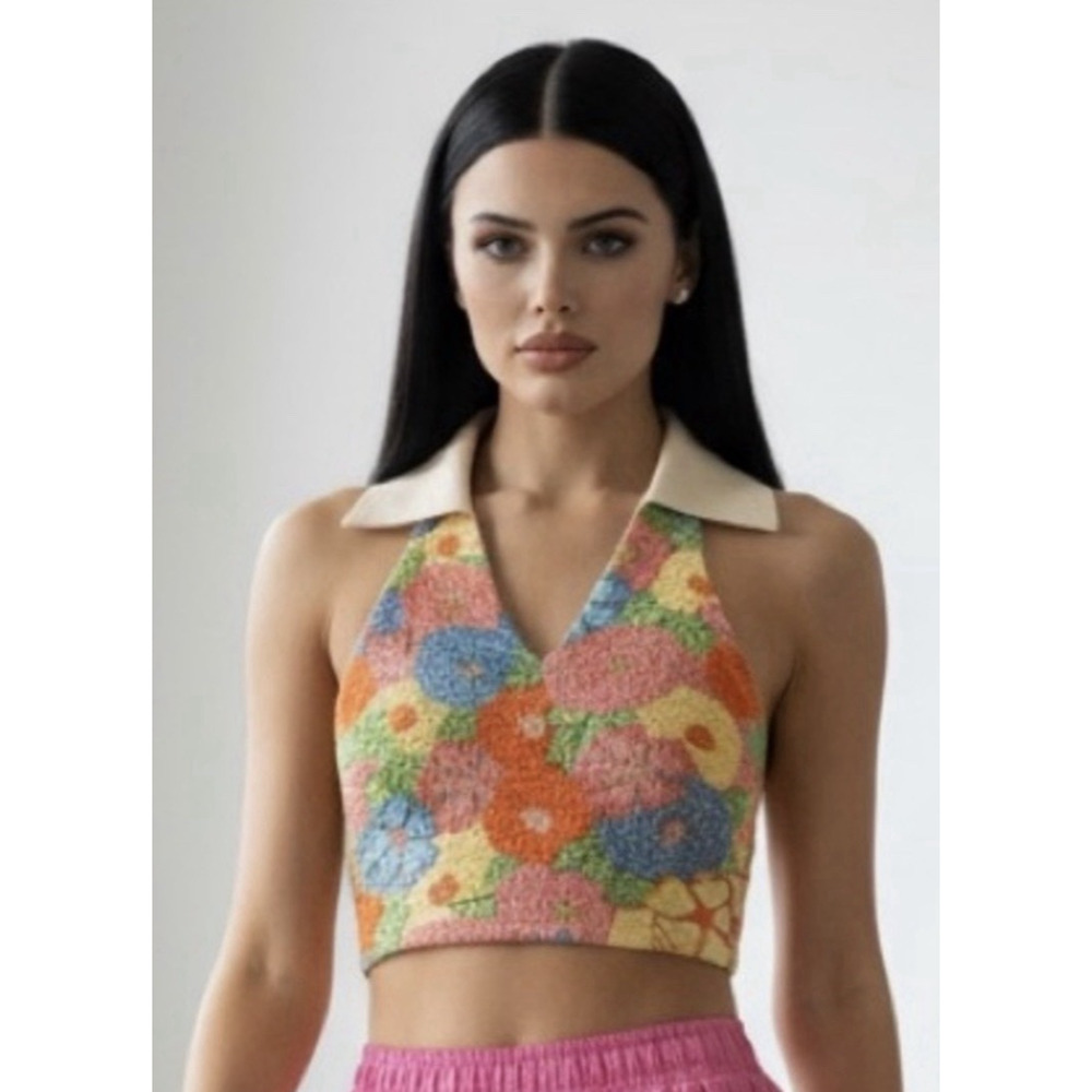 Zara Floral Halter Crop Top Collar Multicolor Sz M Stretch Fitted Retro Barbie